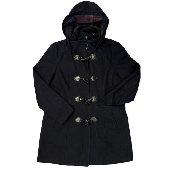 Tommy Hilfiger Duffle Pea Coat Black Hooded Toggle Wmn XL Wool Blend Lined Long - Picture 1 of 10